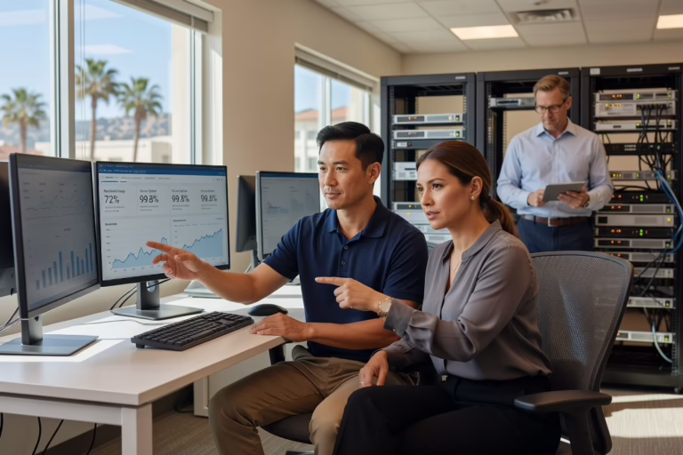 Two IT staff members and an outside technician reviewing a network diagram together at a conference table
