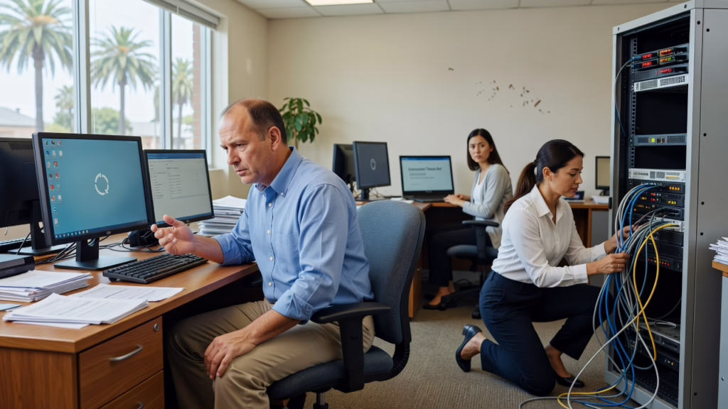 Office worker at a desk looking frustrated at a laptop showing a loading screen while coworkers wait nearby