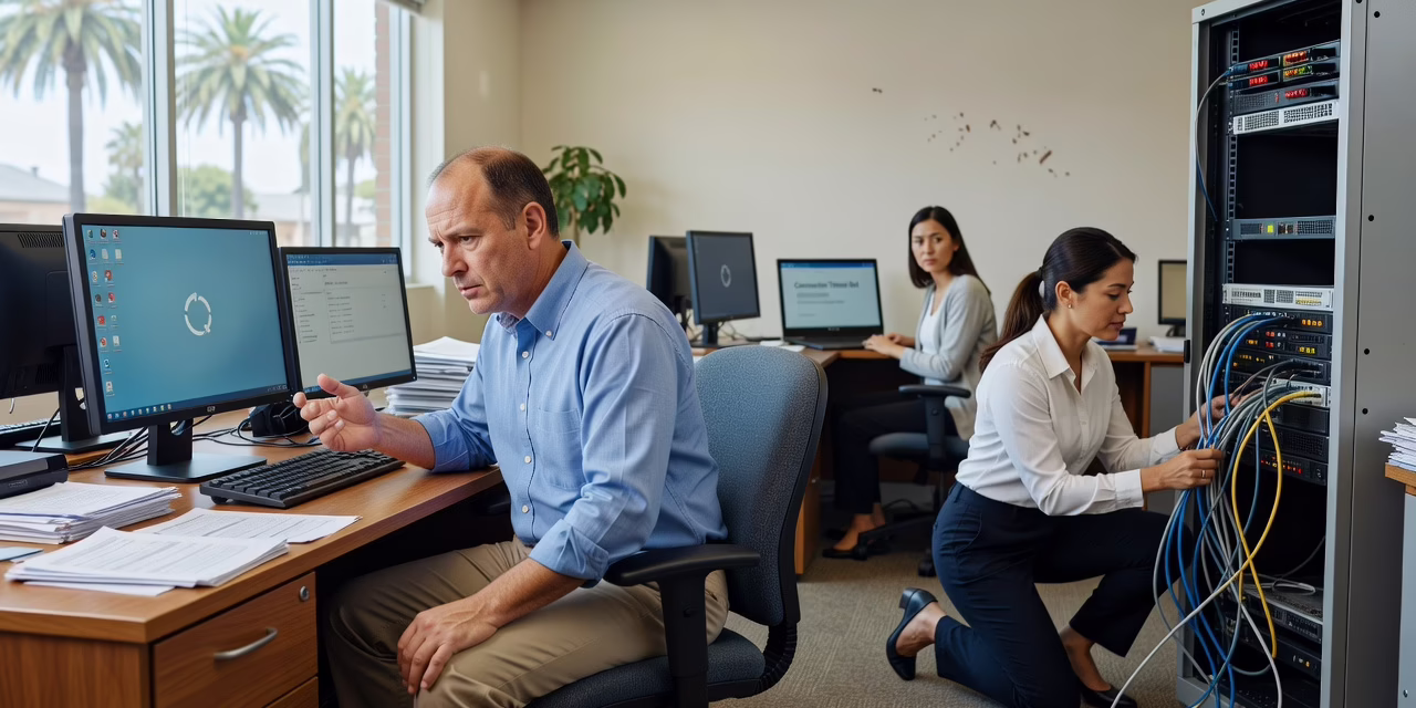 Office worker at a desk looking frustrated at a laptop showing a loading screen while coworkers wait nearby