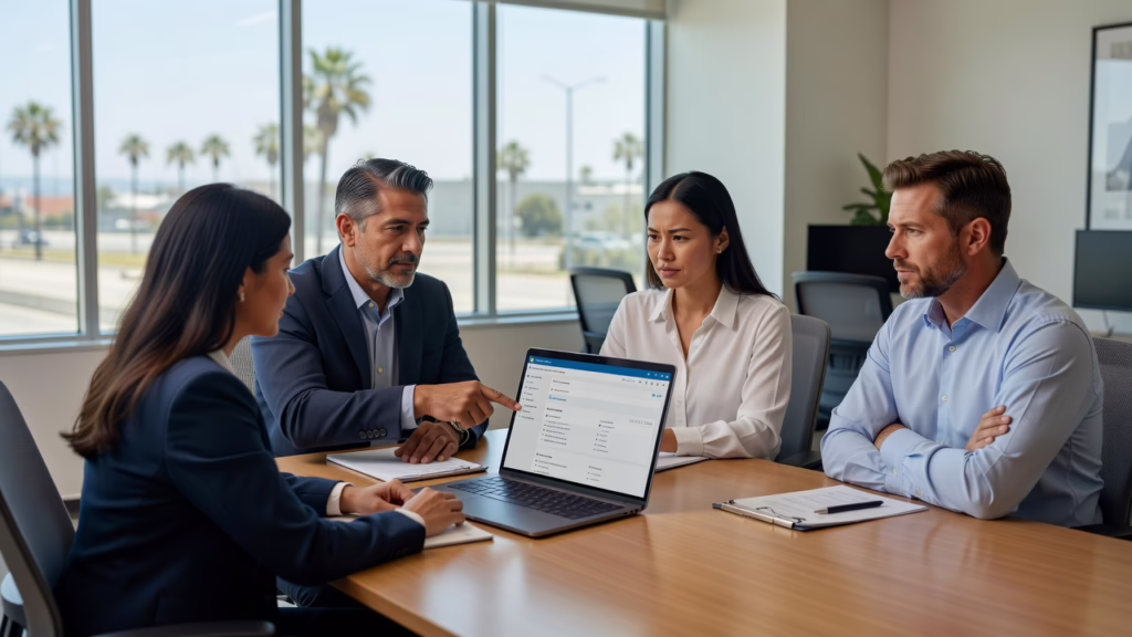 Office manager reviewing user account settings on a laptop while a coworker waits at a nearby desk