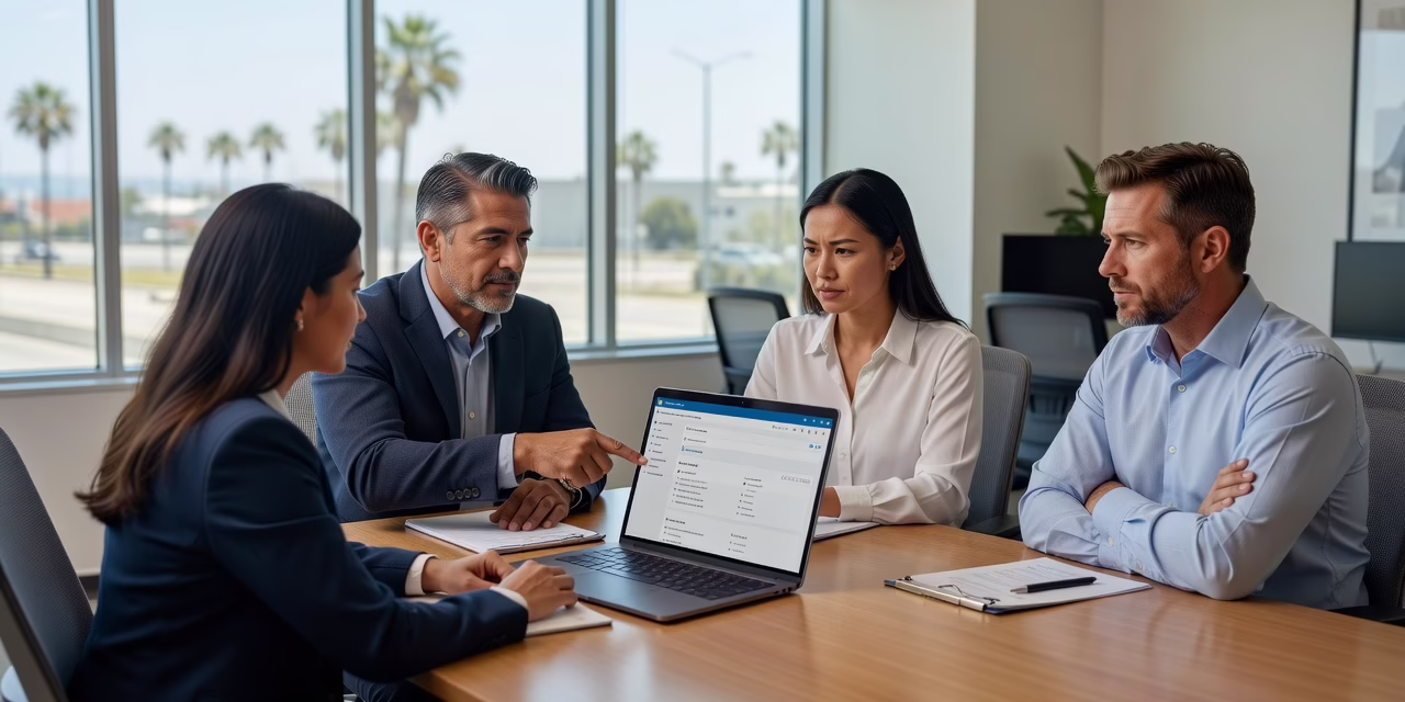 Office manager reviewing user account settings on a laptop while a coworker waits at a nearby desk