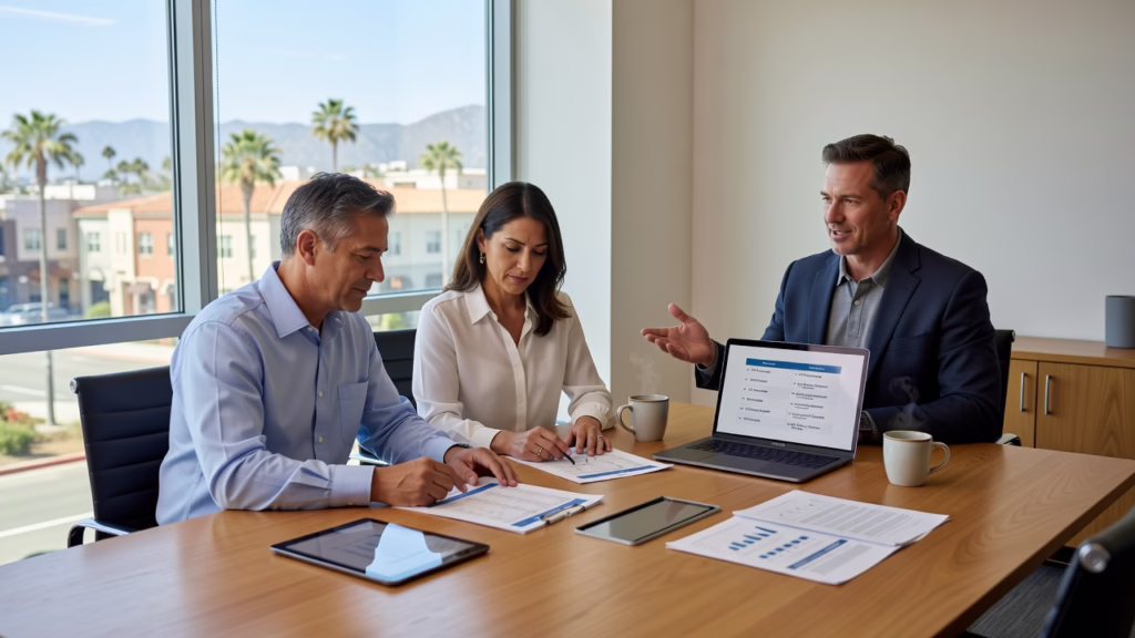 Business owner and office manager reviewing two printed IT service proposals side by side at a conference table