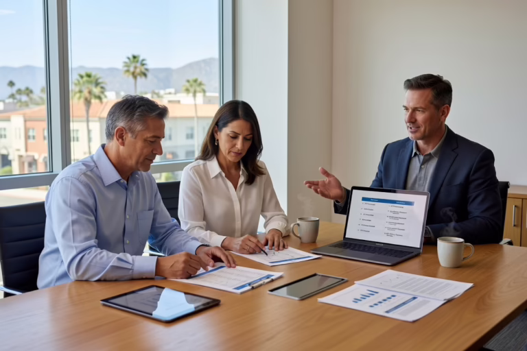 Business owner and office manager reviewing two printed IT service proposals side by side at a conference table