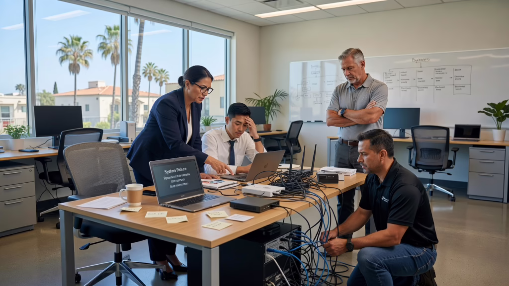 Small business owner and office manager reviewing a technology roadmap on a laptop at a conference table