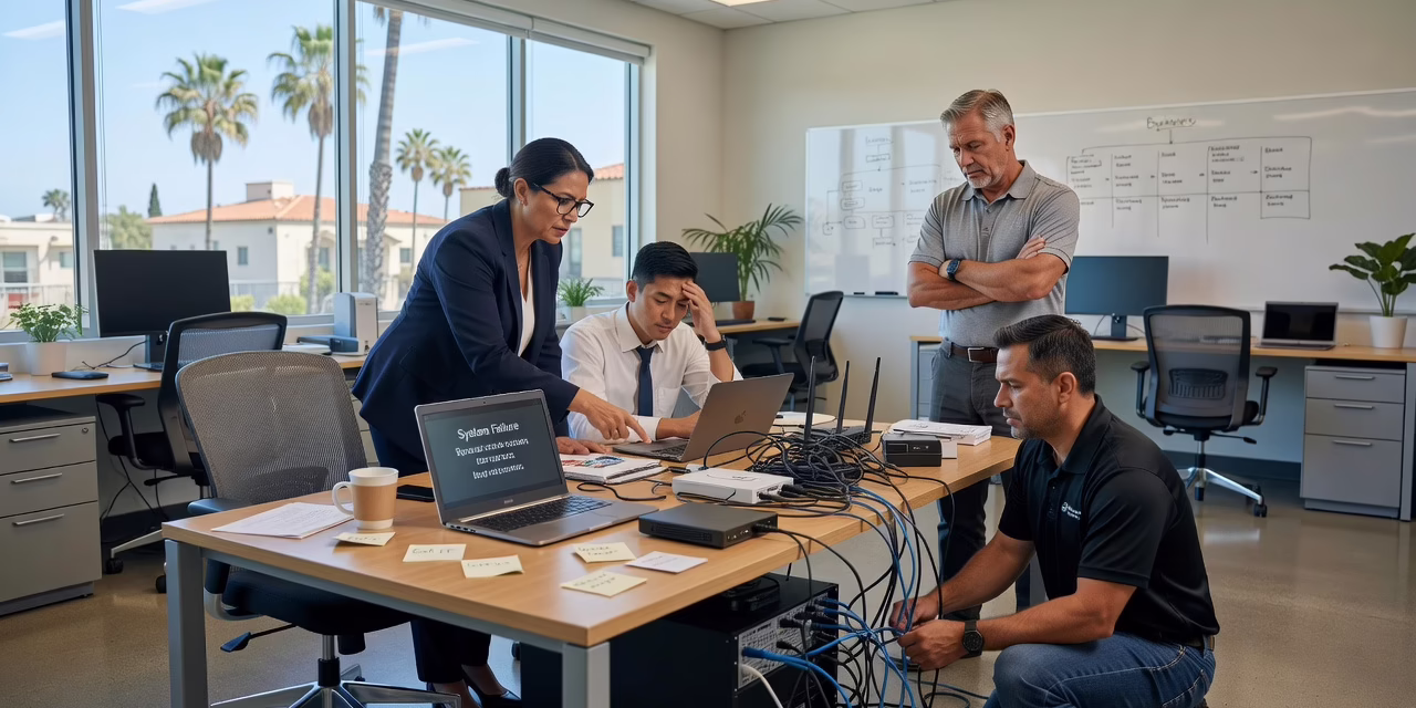Technology Planning Mistakes Small Businesses Make – Featured Image Small business owner and office manager reviewing a technology roadmap on a laptop at a conference table