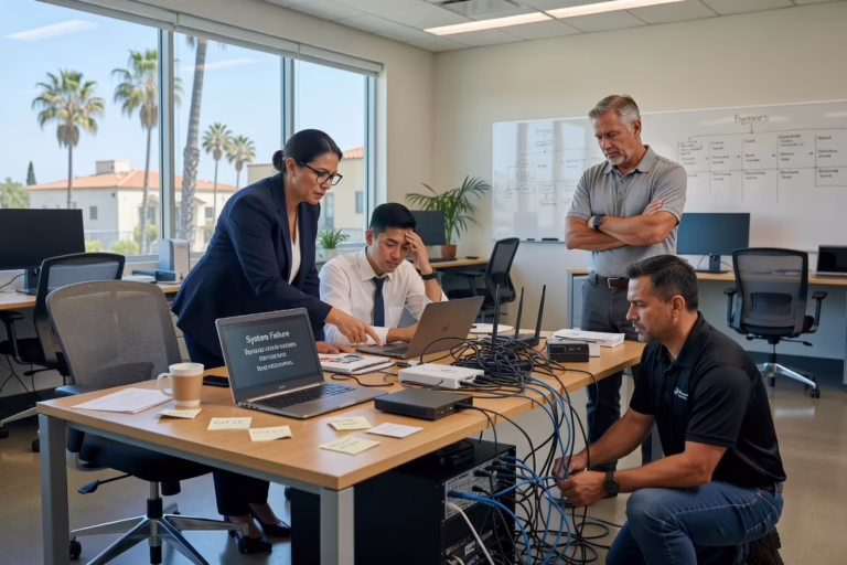 Small business owner and office manager reviewing a technology roadmap on a laptop at a conference table
