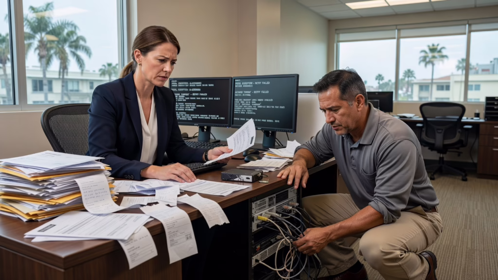Office employees at desks looking frustrated at a frozen computer screen while a coworker waits for IT help