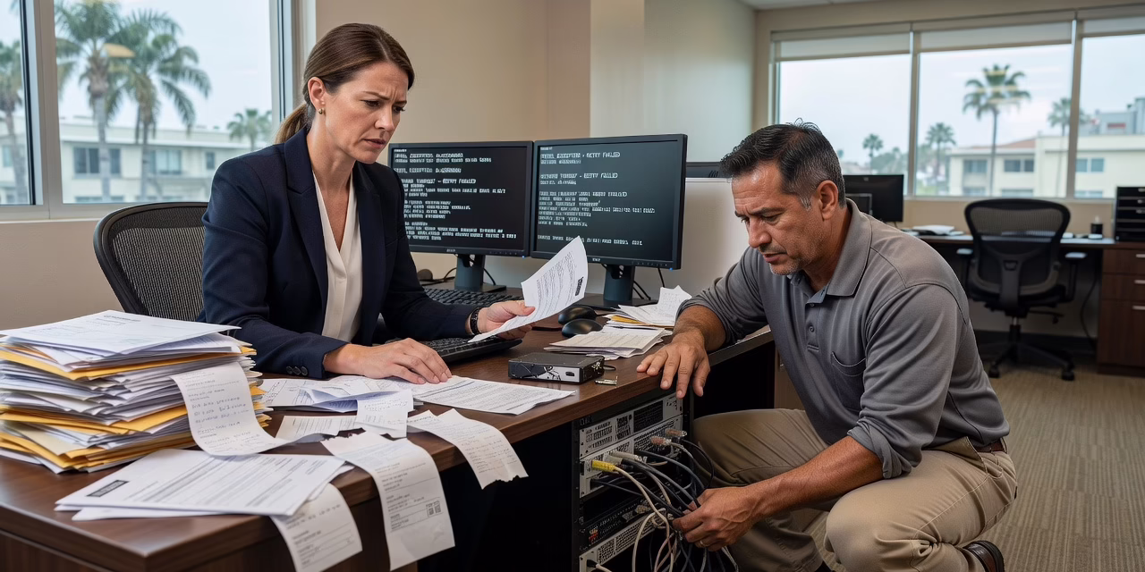 Office employees at desks looking frustrated at a frozen computer screen while a coworker waits for IT help