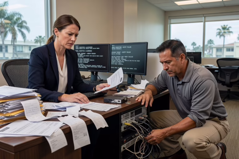 Office employees at desks looking frustrated at a frozen computer screen while a coworker waits for IT help